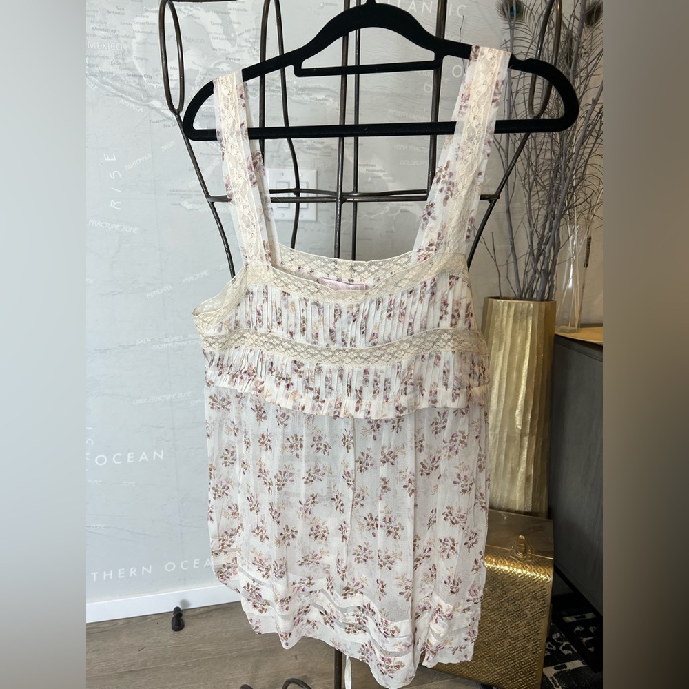NWT Rebecca Taylor Silk Chiffon Pleated Lace Tank 8 Vintage deadstock